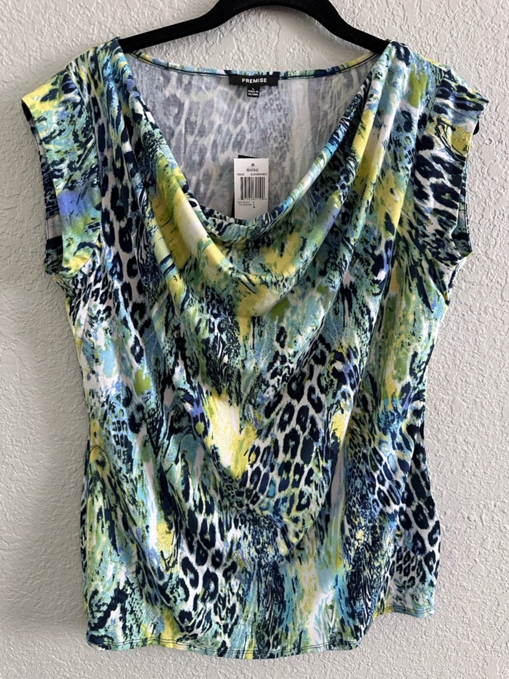 NWT Premise Cowl Neck Top Blue Green Animal Print Stretch Knit Blouse Size L